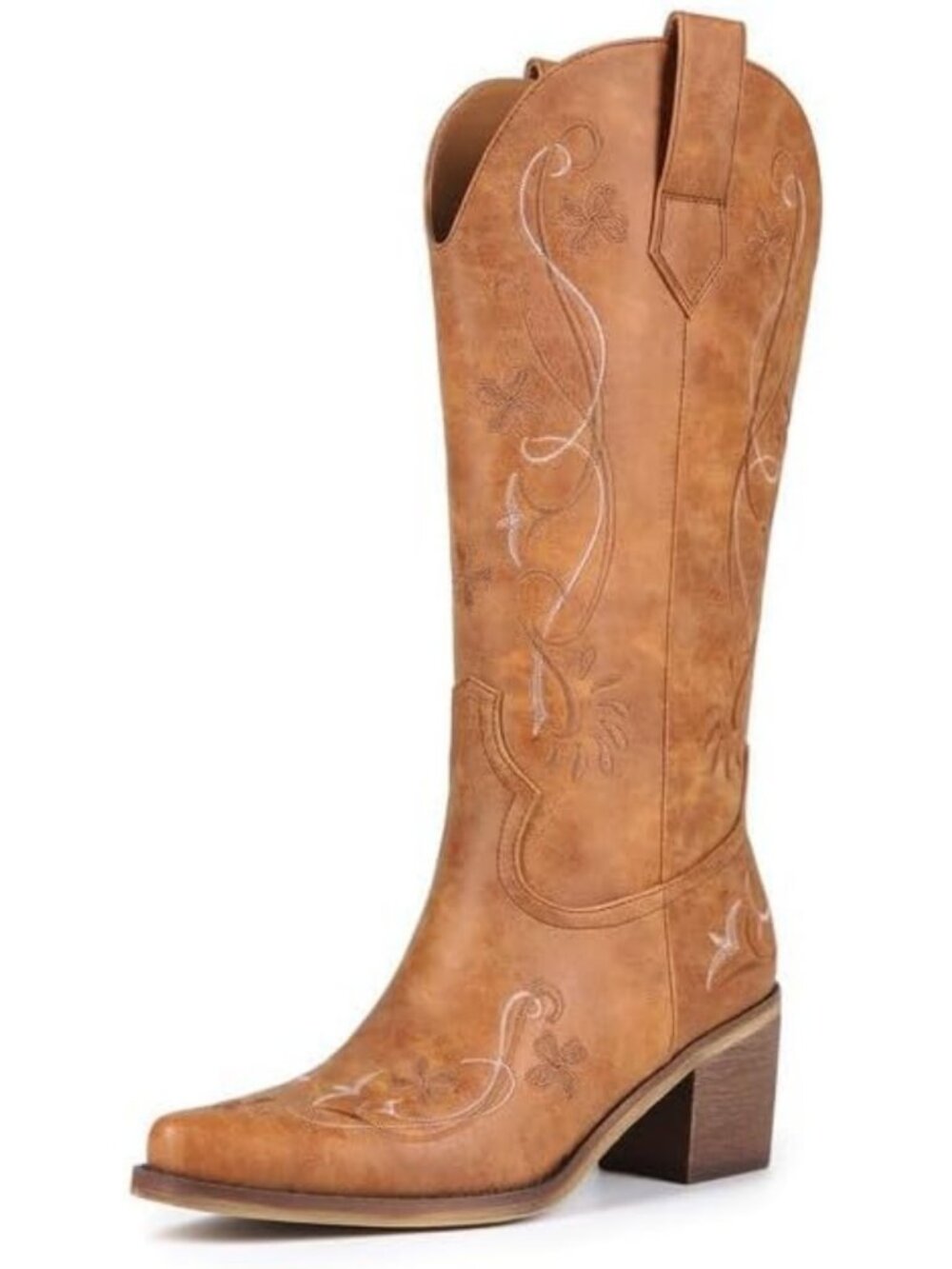 Floral Mid Calf Cowboy Boots for Women - Chunky Heel, Pointed Toe Style